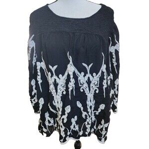 Rayon Embroidered Elastic Bodice Black Boho Peasant Top Plus Size 22/24